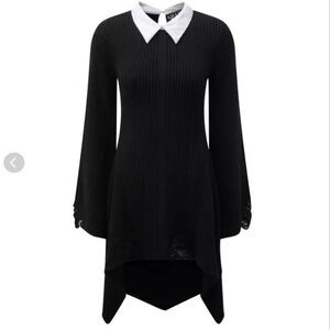 Killstar Black Hellda Distressed  Long Sleeve Sweater Dress with White Collar